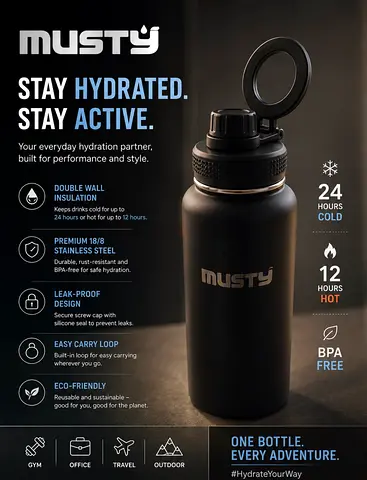 Musty Stainless Steel Insulated Water Bottle - 24hr Cold, 12hr Hot