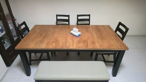 Teak Wood Dining Table with 6 Chairs and Bench - Good Condition and cot and alamari
