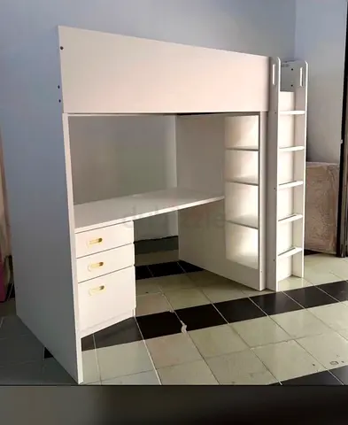 White Wooden Loft Bed with Desk, Shelves and Drawers