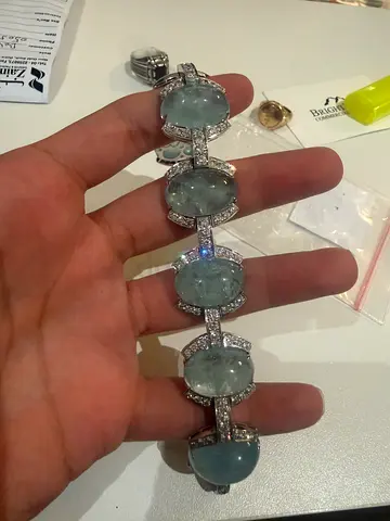 18k white gold bracelet with aquamarine cabochons and natural diamonds french made antique jewellery