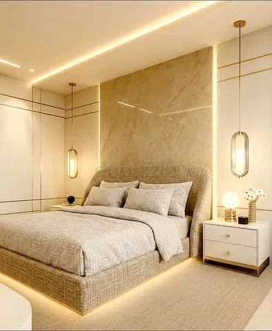 Modern upholstered bed frame with integrated headboard available for sale