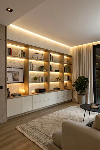 Custom built-in illuminated wall shelving unit with cabinets
