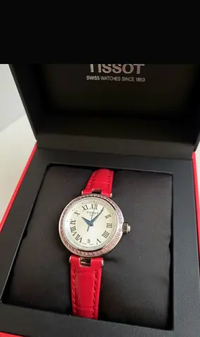 Tissot Ladies Watch with Red Leather Strap - Diamond-Style Bezel
