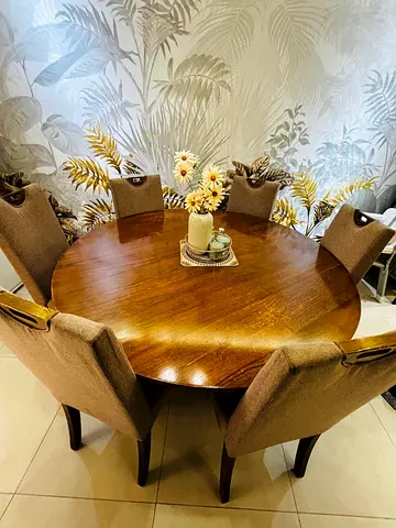 Solid Wood Round Dining Table with 5 Upholstered Chairs