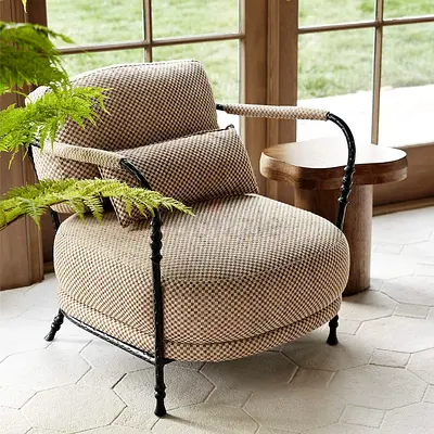 Checkered Upholstered Accent Chair with Wrought Iron Frame