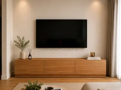 Low wooden TV console / media unit in light oak finish purchased for 4,500