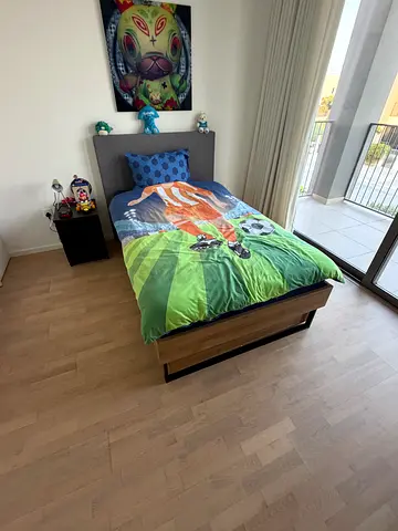 Single bed with headboard and pull out bed and two mattress - modern wooden frame