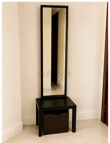 Full Length Mirror with Black Frame and Matching Side Table