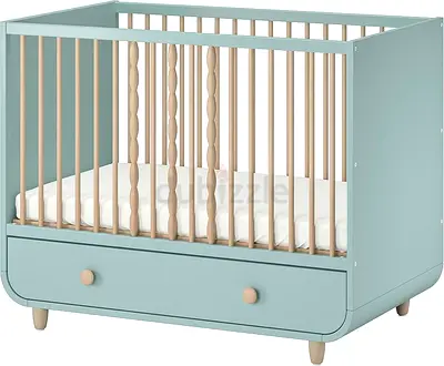 Ikea MYLLRA cot with drawer, 60x120 cm, light turquoise with mattresses