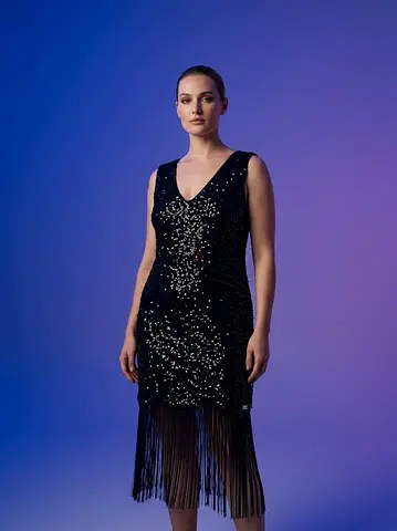 Black Beaded Fringe V-neck Evening Dress - Size L-XL