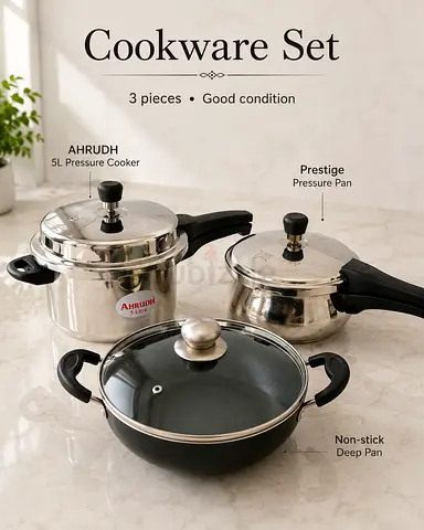 Cookware Set - 2 Stainless Steel Pressure Cookers + No -Stick deep Pan.