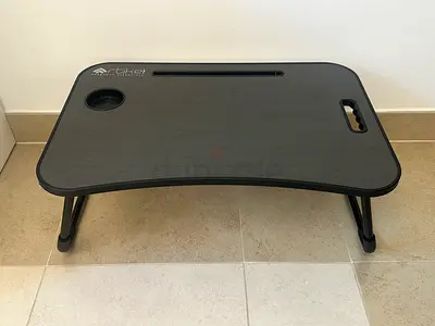 Portable folding laptop bed table with cup holder and tablet slot