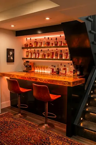 Home Bar Counter with Shelving and Two Bar Stools