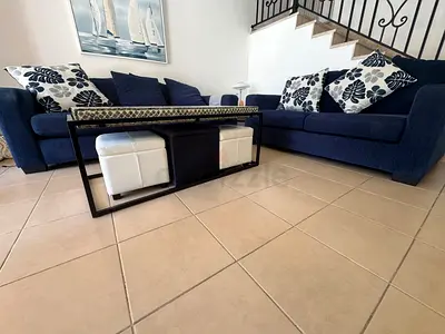 Full living room set. Blue fabric 3-seater sofa set with cushions & tables
