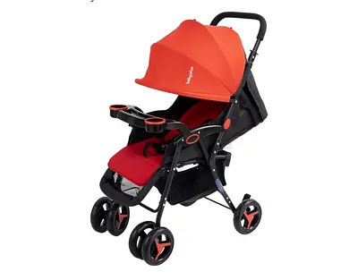 Lightweight red & black baby stroller with cup holders - good condition