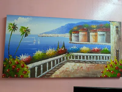 Decorative hand-painted oil canvas featuring a vibrant Mediterranean coastal balcony scene. 120 cm l