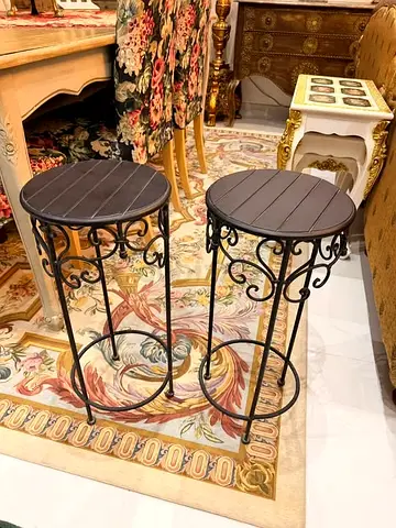 Pair of Iron & Wood Round Bar Stools — Vintage Style, Good Condition