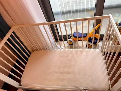 White Wooden Baby Crib with Mattress - Good Condition