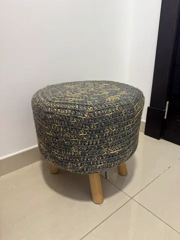 Handwoven Round Pouf Ottoman with Wooden Legs - Grey Natural