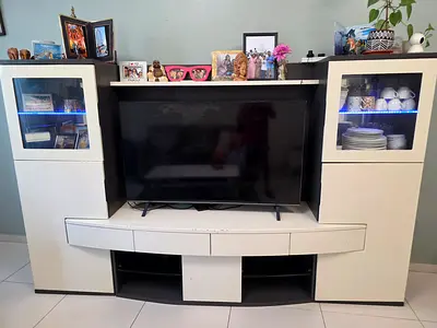 White and Black Entertainment Center / TV Unit with Glass Display Cabinets