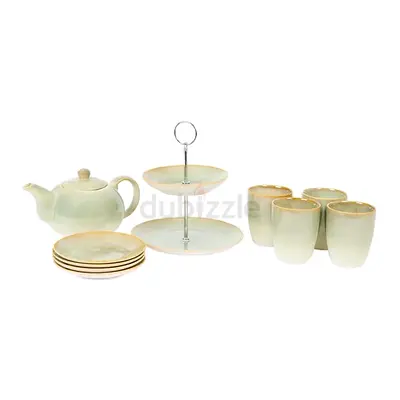 Mint Green 10-Piece Tea Set – Reactive Glaze Pottery Teapot, 4 Cups & Saucers, 2-Tier Cake Stand