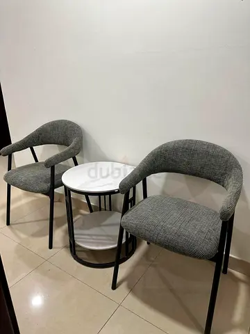 Pair of Grey Upholstered Accent Chairs with Round Marble-Top Side Table