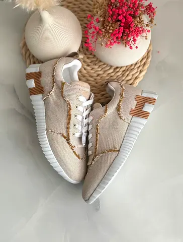 Hermes Beige knitted casual women's sneakers with white sole