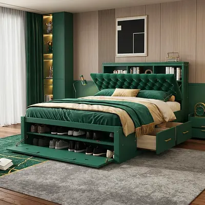 Green upholstered storage bed with built-in shelves and drawers