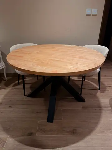 Oak round dining table — Solid Wood Top, Black Metal Cross Base