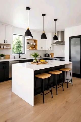 Modern kitchen island with 3 wooden bar stools and pendant lights