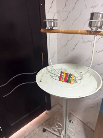 Metal parrot stand with feeding cups and perch - good condition
