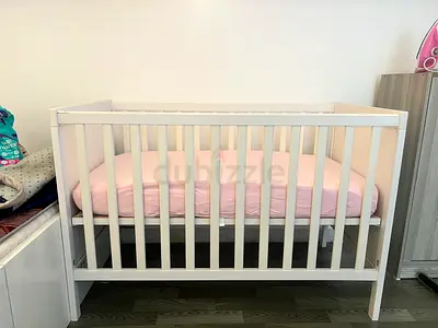 White Wooden Baby Crib with Mattress - Good Condition