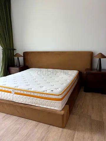 King size bed frame with mattress - caramel brown upholstered