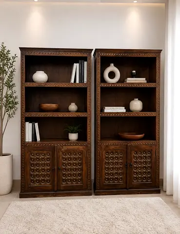 Marina Home Pair of Solid Wood Carved Bookcases with Cabinets - Dark Finish