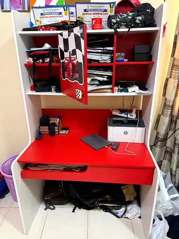 Red and white study desk with shelving (good condition)