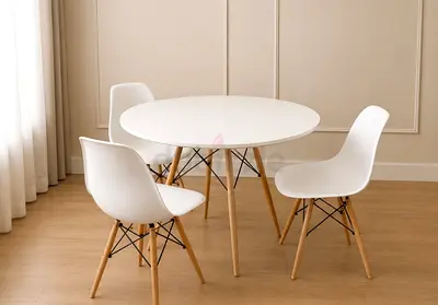 Round White Dining Table with 3 Matching Chairs - Scandinavian Style