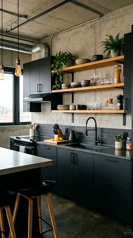Modern matte black kitchen cabinets with open shelving