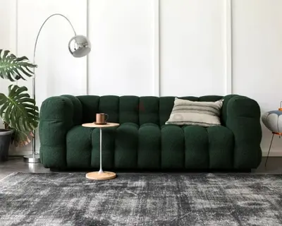 Dark Green Tufted 3-Seater Sofa — Modern Bouclé Style