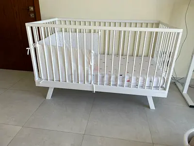 White Wooden Baby Crib with Mattress - Good Condition