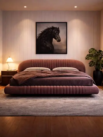 Modern upholstered king bed with curved headboard - dusty rose