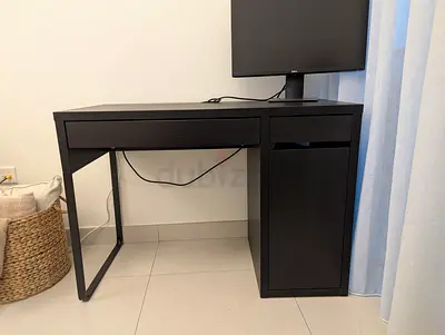 IKEA MICKE black computer desk with drawer and tower storage