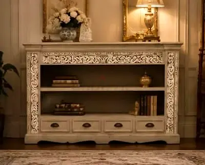 Wooden Carved Console Table with Shelves and Drawers