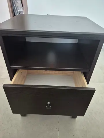 2 IKEA black bedside table/nightstand with drawer and open shelf
