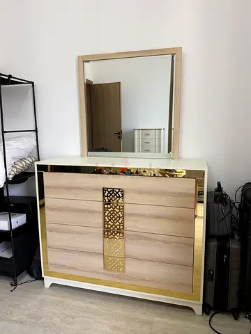 Wooden Dresser with Mirror and Decorative Brass Inlay