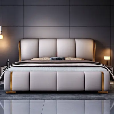 Modern upholstered queen bed with padded headboard and footboard