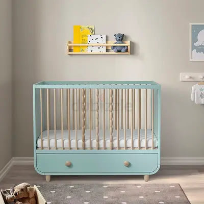 Ikea MYLLRA cot with drawer, 60x120 cm, light turquoise with mattresses