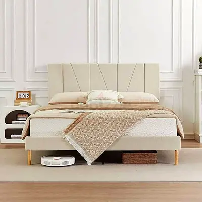 Beige Fabric Queen Bed with Padded Headboard, Modern Minimalist