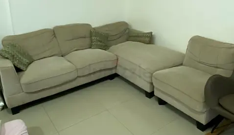 Beige L-shaped Fabric Sofa, 3-seater Section with Cushions