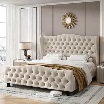 Beige Tufted Upholstered King Bed Frame with Headboard & Footboard