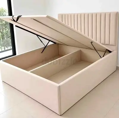 Beige Upholstered Ottoman Storage Bed with Headboard - Queen/Double